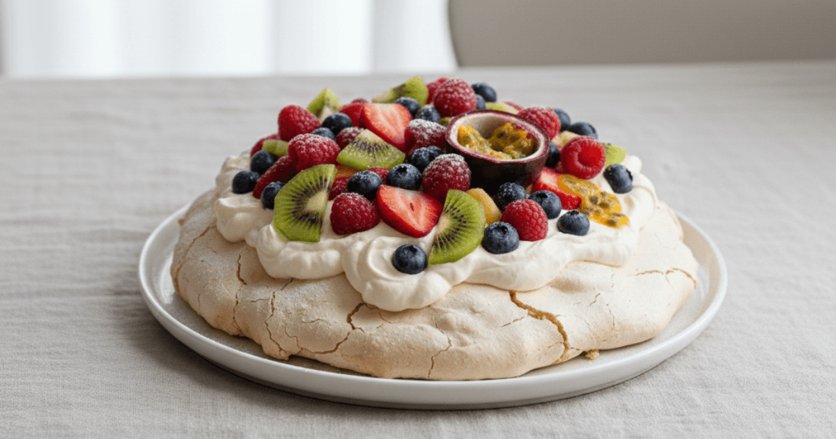A full pavlova dessert topped with whipped cream and fresh fruits, showing its crisp shell and marshmallow-like center. Ideal for highlighting the final result of the recipe.
