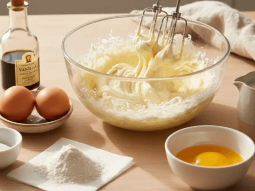 Butter and sugar being creamed together in a bowl to form the base of a classic pineapple upside-down cake batter.