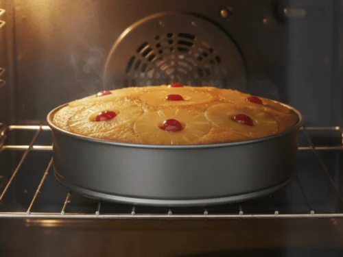 Pineapple upside-down cake baking in the oven as the batter rises over the fruit topping.