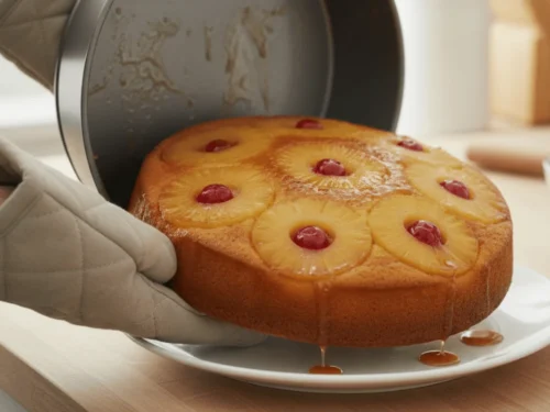 A pineapple upside-down cake being flipped onto a serving plate while still slightly warm.