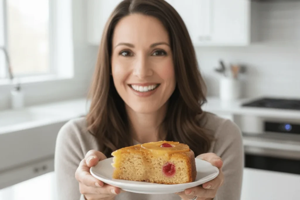 A person enjoying a slice of pineapple upside down cake in a modern kitchen, highlighting the dessert as a timeless classic still loved today.