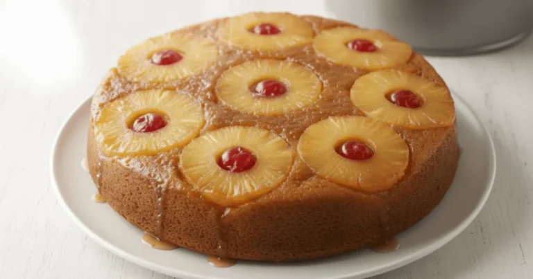 A classic pineapple upside down cake topped with caramelized pineapple rings and maraschino cherries, inspired by the original 1925 recipe.
