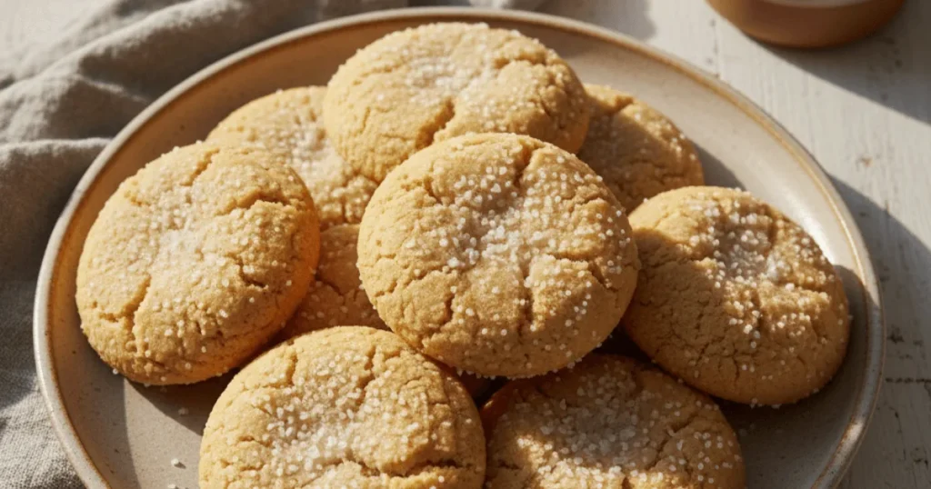 A plate of homemade sugar cookies with soft centers and lightly golden edges, baked from a quick no-chill sugar cookie recipe.