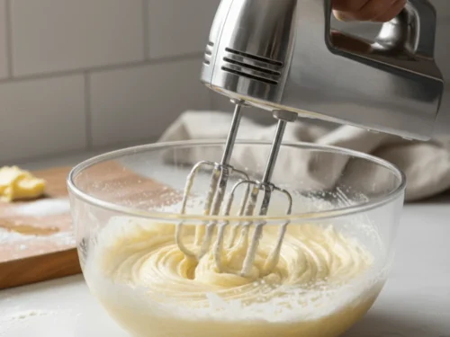Butter and sugar being mixed together until light and fluffy, the first step in making sugar cookie dough.