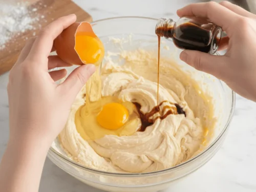 An egg and vanilla extract being incorporated into sugar cookie dough for moisture and flavor.