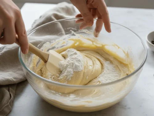 Flour and baking powder being mixed into sugar cookie dough to form a soft, uniform texture.