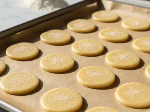 Unbaked sugar cookies arranged on a baking sheet, spaced evenly for proper baking.