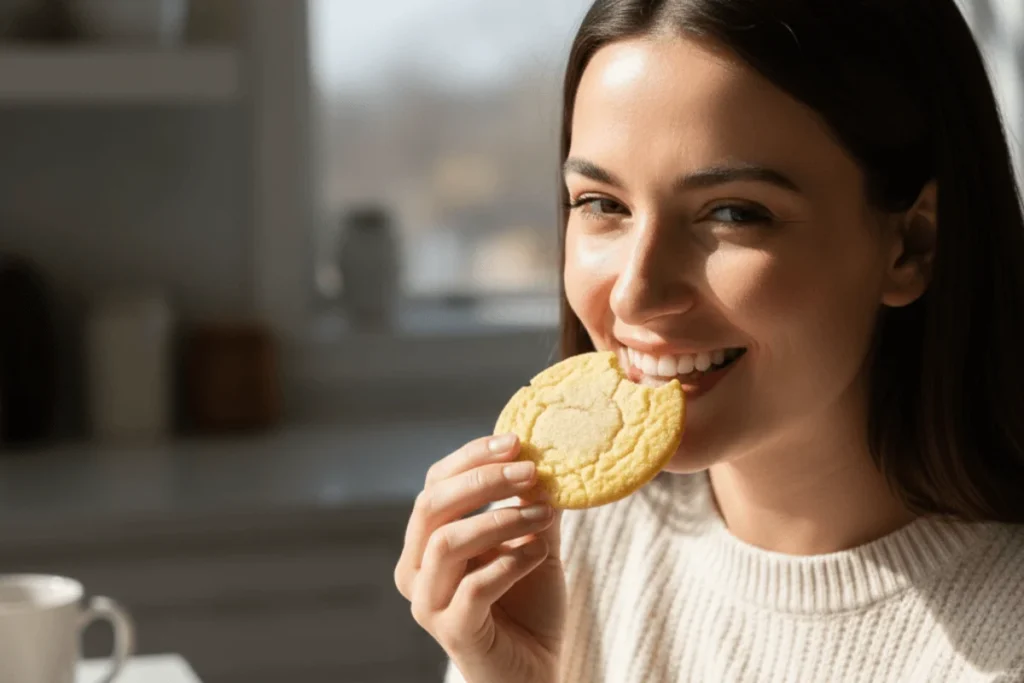 A person enjoying a freshly baked sugar cookie, highlighting the soft texture and homemade appeal of this easy sugar cookie recipe.