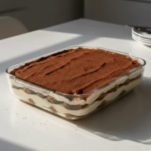 A close-up of a creamy tiramisu coffee dessert topped with cocoa powder, showing its layers of mascarpone and espresso-soaked ladyfingers.