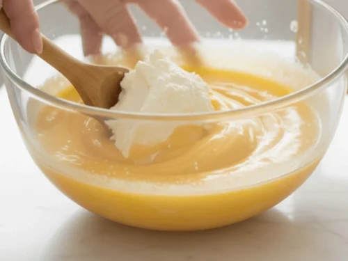 Mascarpone cheese being folded into the egg mixture until smooth.