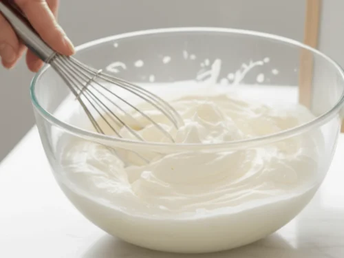 A bowl of heavy cream whipped to stiff peaks.