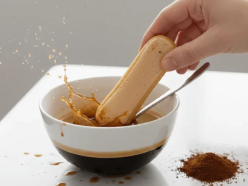 A hand dipping Savoiardi ladyfingers briefly into espresso.