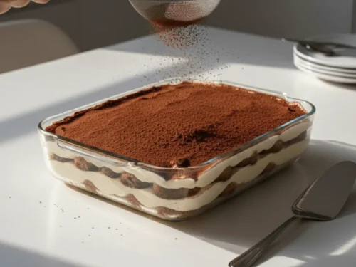 Cocoa powder being dusted over the top layer of tiramisu.