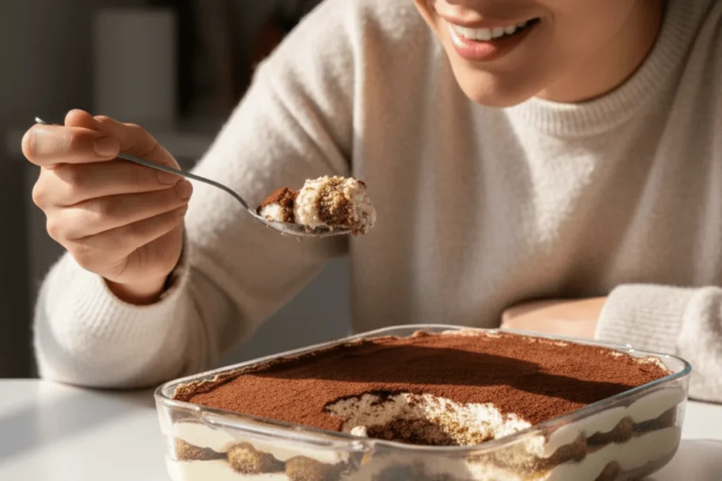 A smiling person taking a spoonful of creamy Tiramisu Recipe coffee dessert, showing the layered texture and cocoa topping.