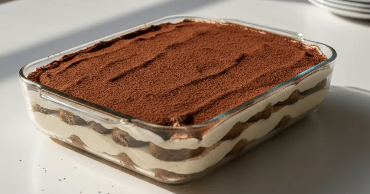 A close-up of a creamy tiramisu coffee dessert topped with cocoa powder, showing its layers of mascarpone and espresso-soaked ladyfingers.