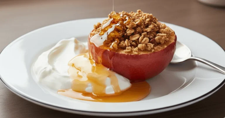Air fryer baked apples with cinnamon and nuts, fresh from the fryer.