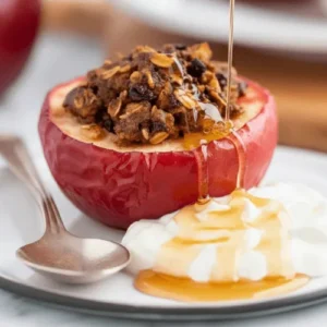 Air fryer baked apples with cinnamon and nuts, fresh from the fryer.