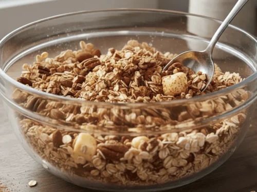 Bowl of oats, nuts, butter, cinnamon, and sugar mixed for baked apple filling.