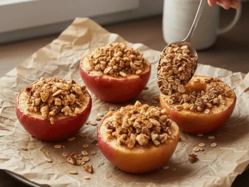 Apples being filled with nut and oat mixture on parchment paper.