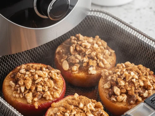 Apples baking in an air fryer with parchment paper.