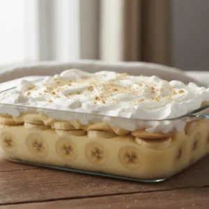 Creamy Southern banana pudding layered with vanilla pudding, ripe bananas, and Nilla wafers in a glass dish. A traditional no-bake dessert perfect for gatherings.