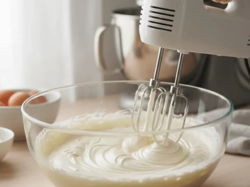 Cream cheese and sweetened condensed milk being mixed until smooth to form the base of banana pudding.
