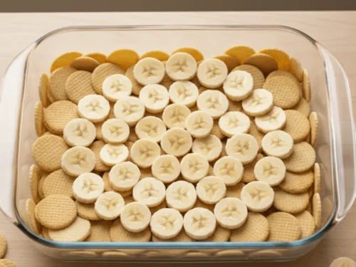 Banana slices and vanilla wafers layered evenly in a baking dish for banana pudding.