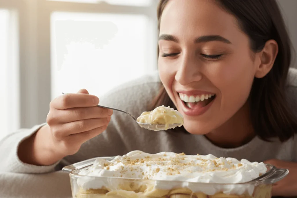 A person taking a spoonful of creamy Southern banana pudding recipe, smiling while enjoying the dessert at home.