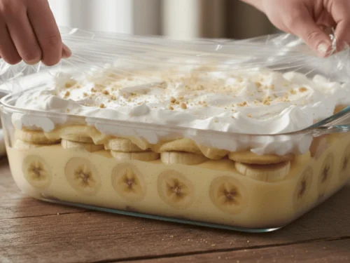 Banana pudding covered tightly with plastic wrap before chilling to prevent browning.