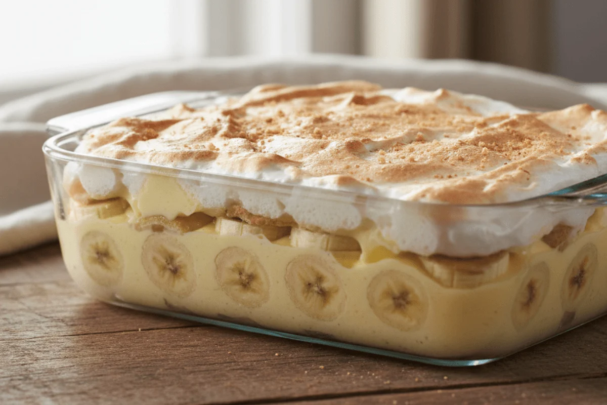 Creamy Southern banana pudding layered with vanilla pudding, ripe bananas, and Nilla wafers in a glass dish. A traditional no-bake dessert perfect for gatherings.