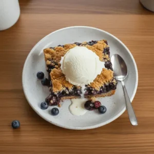Blueberry dump cake baked in a glass dish with a golden cake topping and bubbling blueberry filling, perfect for beginner dessert recipes.