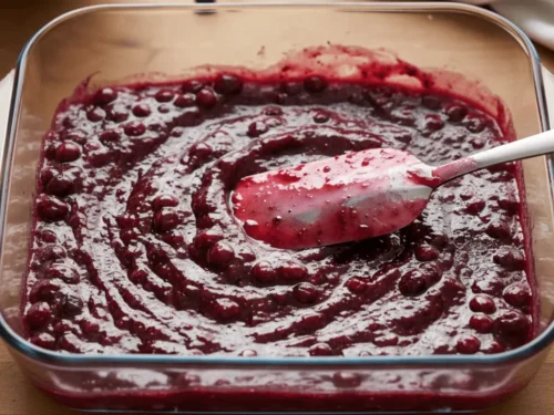 Blueberry pie filling evenly spread across a glass baking dish as the first layer of a blueberry dump cake recipe.