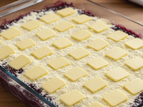 Thin slices of butter evenly covering dry cake mix to prevent dry spots in a blueberry dump cake.
