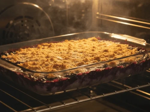 Blueberry dump cake baking in the oven with a golden cake topping and bubbling fruit filling.