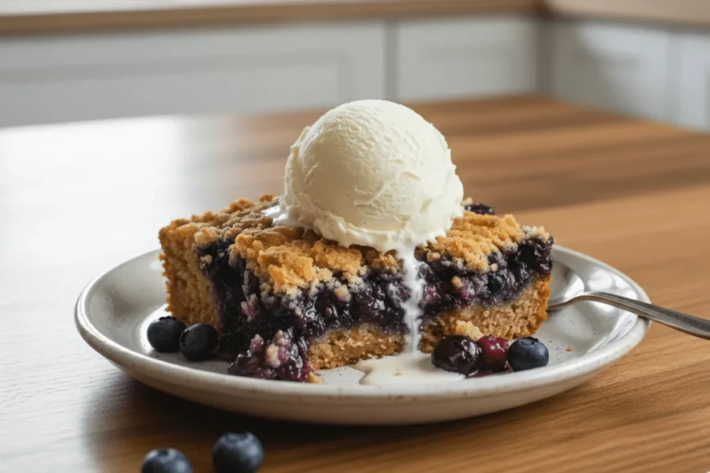 A plated serving of blueberry dump cake topped with vanilla ice cream, showing the golden cake topping and juicy blueberry filling, ideal for serving inspiration.