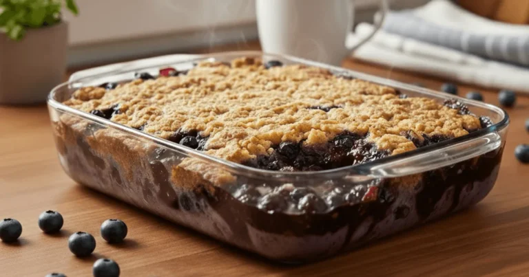 Blueberry dump cake baked in a glass dish with a golden cake topping and bubbling blueberry filling, perfect for beginner dessert recipes.