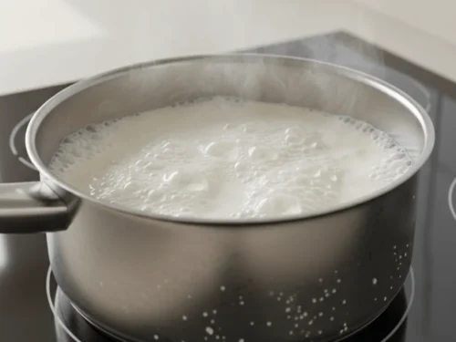Milk, water, oil, and salt boiling together in a saucepan to prepare the base for Brazilian cheese bread.