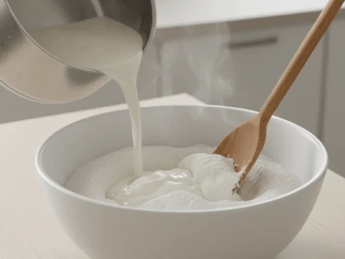 Hot milk mixture poured over tapioca flour to form a thick dough for pão de queijo.