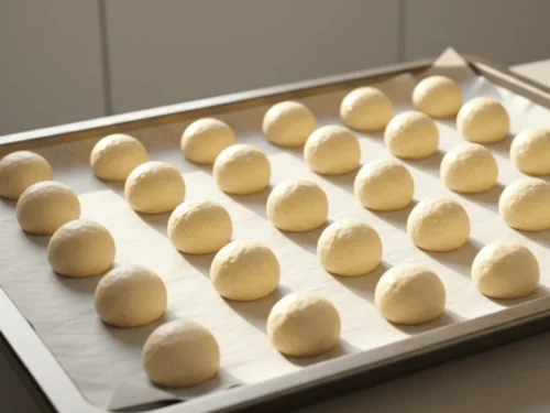 Shaped dough balls for Brazilian cheese bread placed on a parchment-lined baking tray.