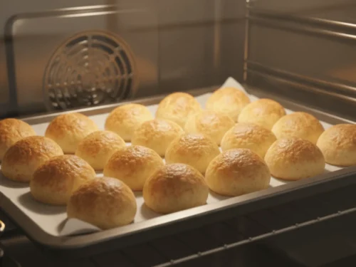 Brazilian cheese bread puffing and browning while baking in the oven.