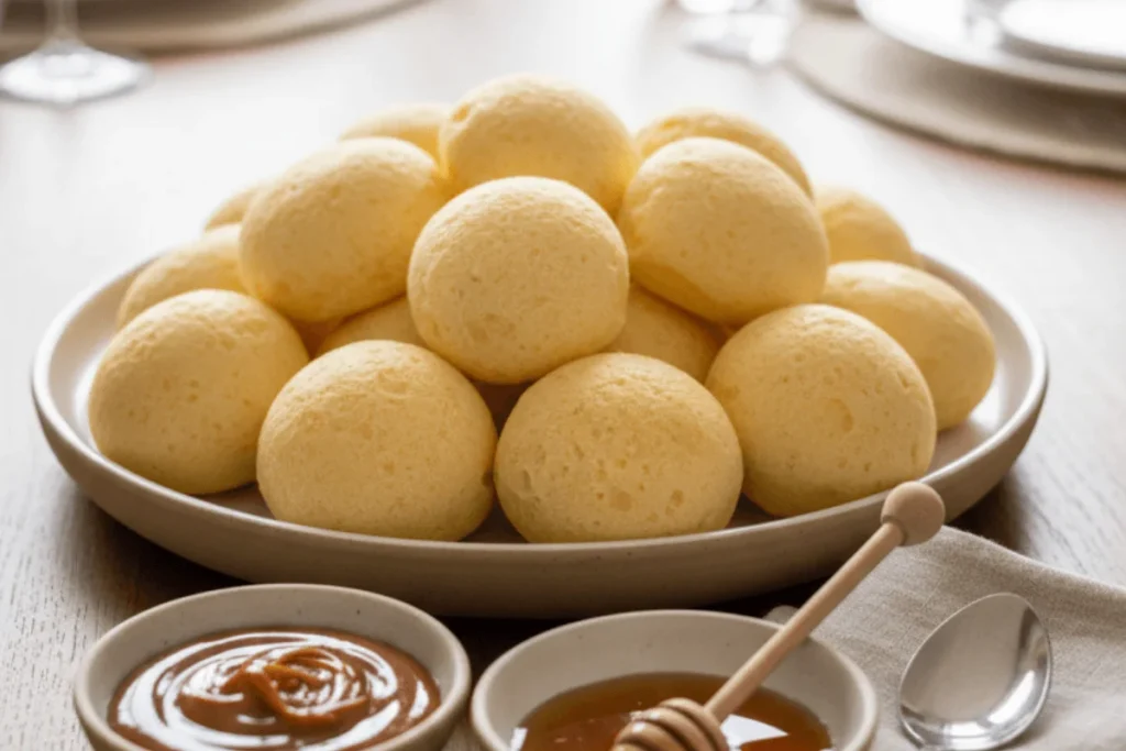Brazilian cheese bread served as a dessert with dulce de leche and honey on an elegant dining table.