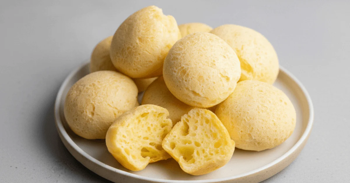 Freshly baked Brazilian cheese bread with a golden crust and soft, stretchy interior served on a ceramic plate.
