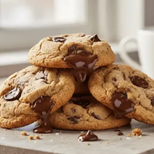 Classic chocolate chip cookies with crisp edges and soft centers stacked together with melted chocolate visible. Perfect example of homemade chocolate chip cookies.