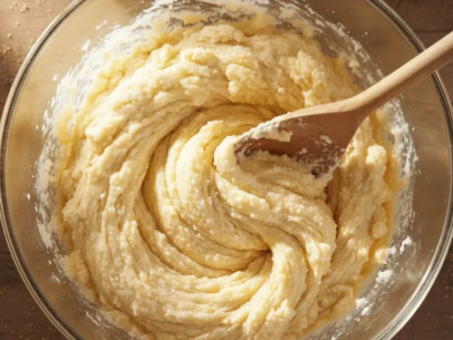 Butter and sugar being mixed together in a bowl as the first step in making chocolate chip cookie dough.