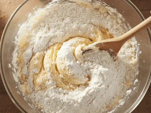 Flour being gently folded into cookie dough to create a smooth chocolate chip cookie batter.