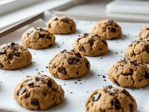 Chocolate chip cookie dough balls spaced on a baking sheet ready for the oven.
