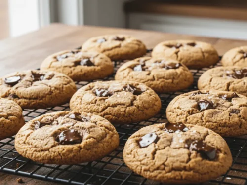 Freshly baked chocolate chip cookies cooling on a rack with soft centers and golden edges.