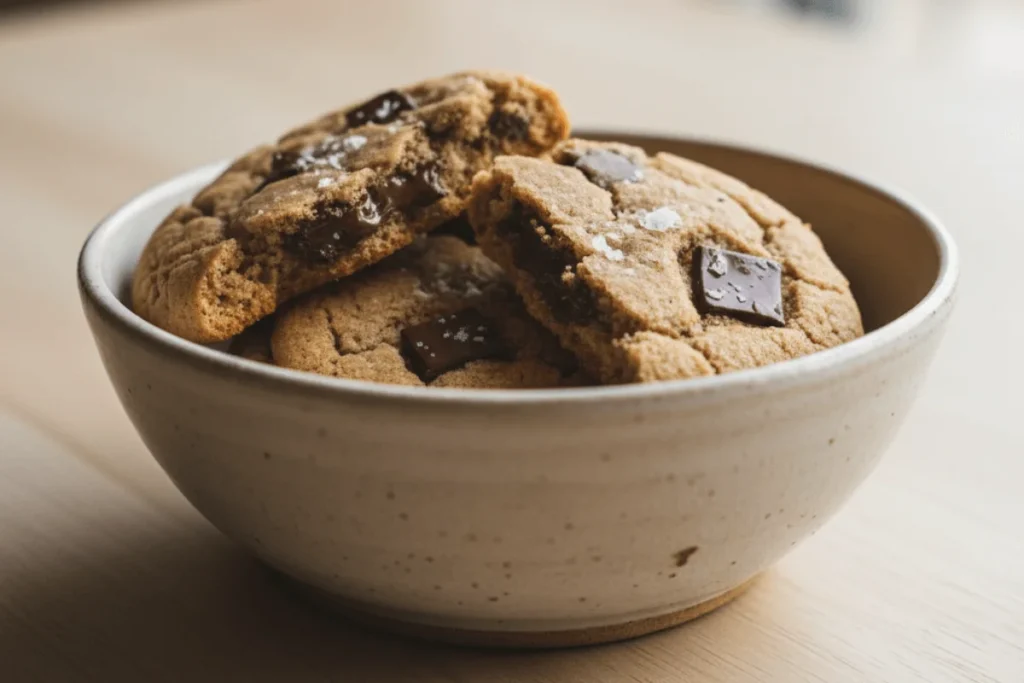 Broken chocolate chip cookie recipe served in a bowl with gooey melted chocolate pieces and soft chewy texture visible.