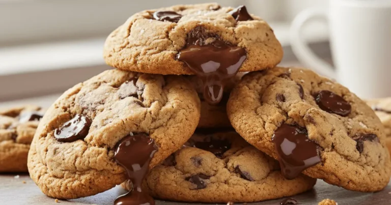 Classic chocolate chip cookies with crisp edges and soft centers stacked together with melted chocolate visible. Perfect example of homemade chocolate chip cookies.
