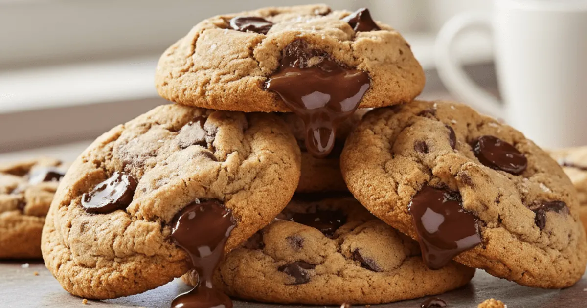 Classic chocolate chip cookies with crisp edges and soft centers stacked together with melted chocolate visible. Perfect example of homemade chocolate chip cookies.